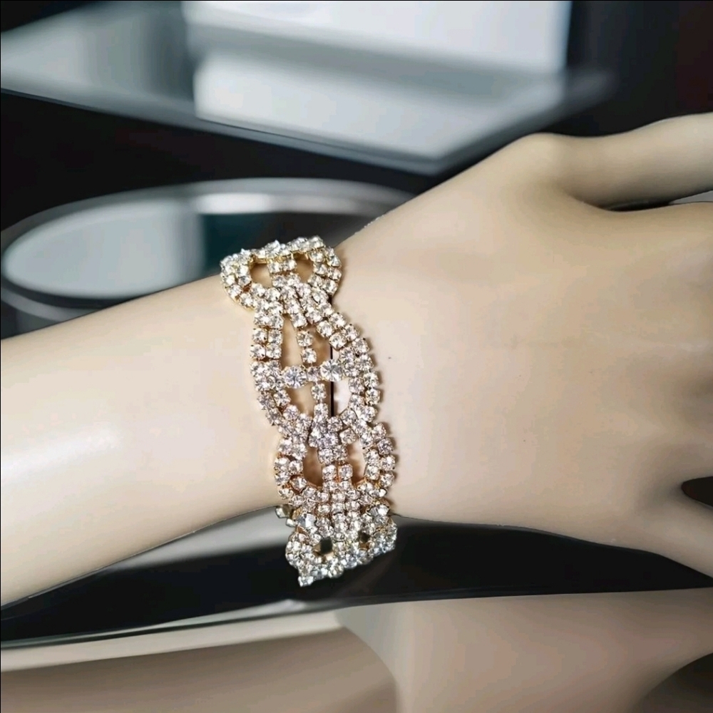 Gold Rhinestone Evening Bracelet 7" party dressy elegant prom wedding